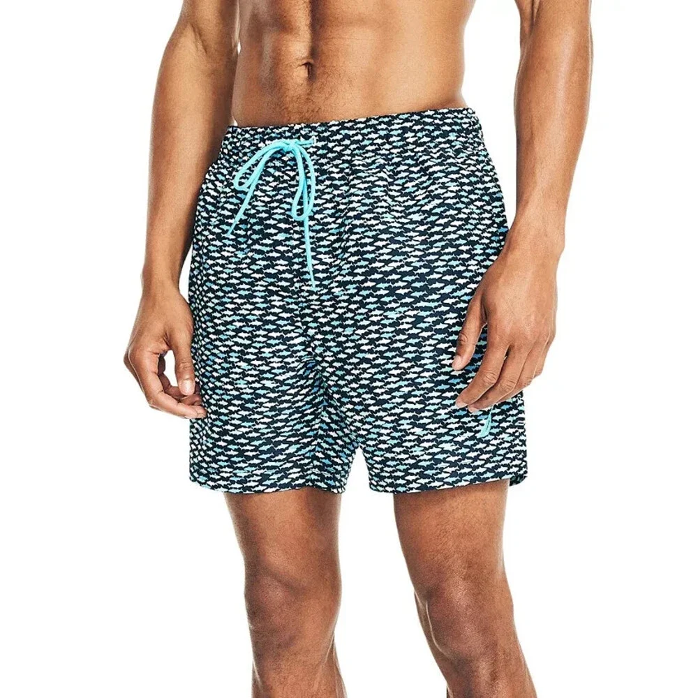 Nautica Swim Trunks Shorts Mens Navy Blue Fish Print Drawstring Waist FTS1026
